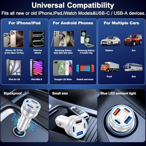 High-Powered 4-Port 65 W USB C Car Charger for Fast Charging – Dual USB-C & USB-A Ports with Included Car Play Cables, Compatible with i Phone 16/15/14/13/12 Pro Max, i Pad, Samsung S25 – Ultimate Solution for Road Trips and Daily Commutes