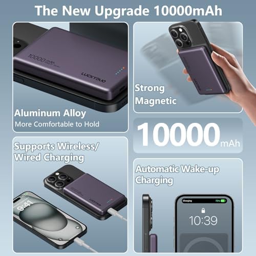 LUCKYDUO Ultra Slim 10000 m Ah Magnetic Power Bank – Sleek Wireless Charger with PD 20 W Two-Way USB-C Fast Charging for i Phone 16/15/14/13 Series – Perfect Travel Companion for Effortless Charging on the Go