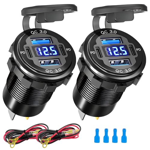 12 V USB Charger with LED Voltmeter – Premium 4-Port Aluminum Alloy Outlet Featuring Dual PD3.0 & QC3.0 Fast Charging for Cars, Boats, RVs, and More – Ultimate On-the-Go Power Solution (Pack of Two)