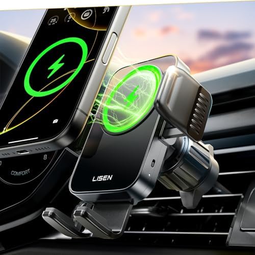 LISEN 15 W Wireless Car Charger & Air Vent Phone Holder – Ultimate Fast Charging Solution for i Phone 16/15/14/13 Pro Max & Samsung Smartphones – Revolutionary No Shake Design for Maximum Stability – Effortless Installation with Modern Aesthetic – Advanced Shock Absorption Technology for Secure On-the-Go Charging – Ideal for Busy Drivers Seeking Convenience & Safety