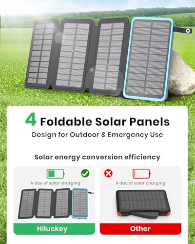 Hiluckey 25000 m Ah Solar Power Bank – Ultimate Outdoor USB C Portable Charger with 4 Efficient Solar Panels, 3 A Fast Charging, and Triple USB Outputs – Eco-Friendly Energy Solution for Smartphones and Tablets (Red)