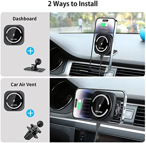 OHLPRO Mag Safe Car Mount Wireless Charger – 15 W Fast Charging Magnetic Phone Holder for i Phone 12-16 Series with Versatile Air Vent and Dashboard Installation – Enhanced Compatibility for On-the-Go Convenience and Safety