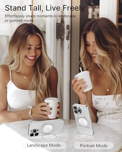 Glamour Pearl Magnetic Phone Grip Holder with Adjustable Kickstand – Ultimate Versatile Smartphone Accessory for i Phone, Android & Kindle – Secure Hands-Free Viewing & Stylish Design – Includes Magnetic Adapter for Effortless Compatibility and Enhanced Usability