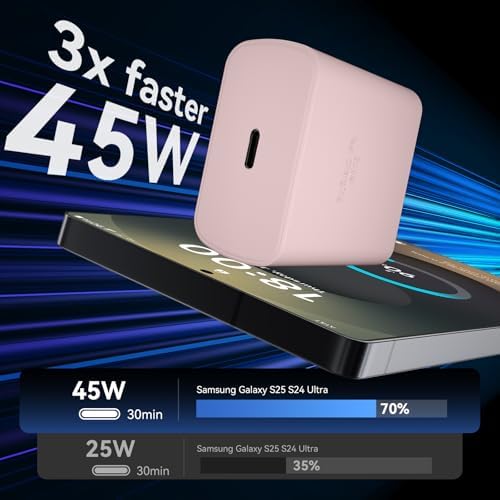 Super Fast 45 W Samsung USB-C Charger with 10 FT Pink Cable – Ultimate Charging Solution for Galaxy S25/S24/S23 Ultra, Stylish & Efficient Power Adapter for Quick Device Boosts and Enhanced Compatibility
