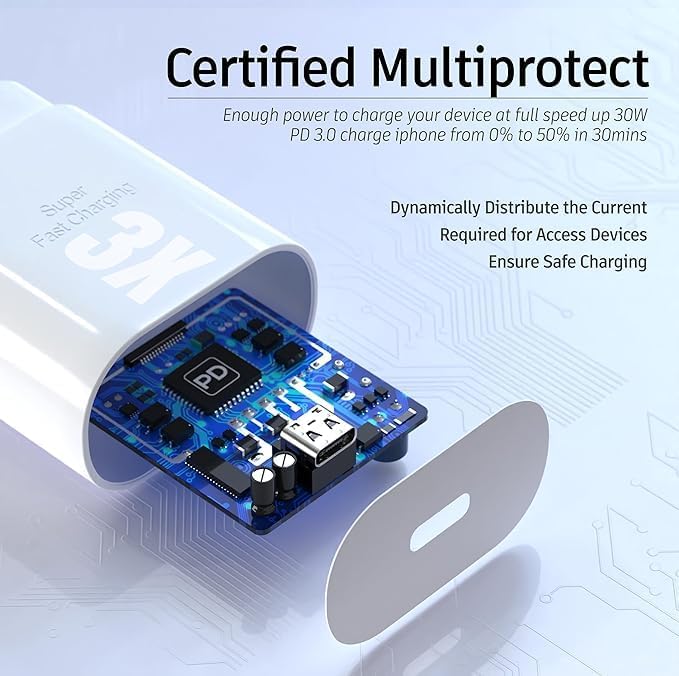 30 W USB-C Fast Charger for i Phone 15/16 & Samsung Galaxy S24/S23 – Ultra-Fast Charging with 6 ft Type C Cable – Compact, UL Certified Wall Adapter for Maximum Device Compatibility and Speed