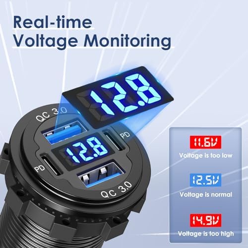 High-Power 78 W 12 V USB Car Charger – Qidoe 4-Port Dual 30 W PD & Quick Charge 3.0 Aluminum Socket with Built-in Voltmeter & 3 FT Coiled C to C Cable for Ultimate Charging Efficiency in Cars, Boats, & RVs