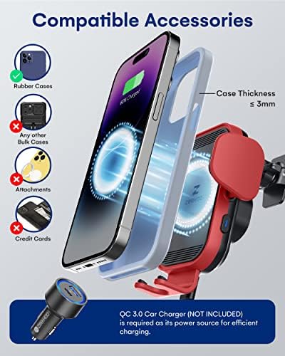 Zee Hoo 15 W Fast Wireless Car Charger with Auto-Clamping Phone Holder – Effortless One-Handed Operation for i Phone 15/14/13/12/11 Pro Max, Qi-Enabled Charging Mount in Sleek Black for Optimal Driving Convenience and Seamless Integration