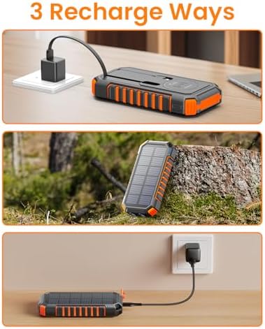 Riapow 27,000 m Ah Solar Power Bank – Wireless Fast Charging Portable Charger with Built-in Cables, 22.5 W PD & QC Support, Rugged Outdoor Battery Pack in Vibrant Orange for Phones, Tablets & Flashlights – Ultimate Adventure Companion