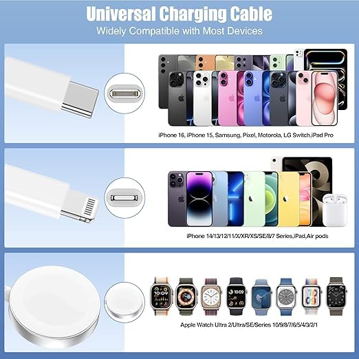 3 in 1 2025 Upgraded Apple Watch Charger,USB C Charger for iPhone 16 15 14 /iWatch/Samsung/AirPods 4 Multiple Devices Fast Charging Cable Travel Essentials Cords for iWatch Ultra/SE/10/9/8/7/6/3-Pink – Enhanced Compatibility and Speed