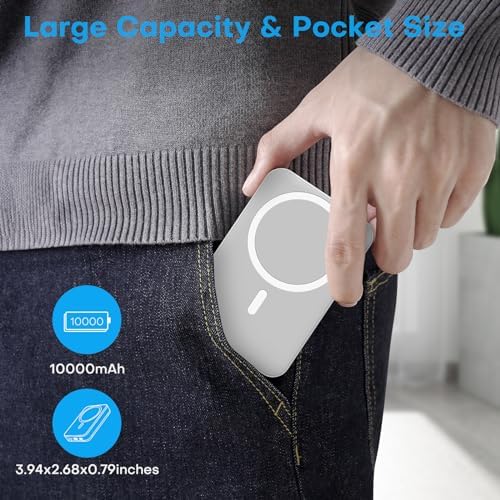 OMOTON 10,000 m Ah Magnetic Power Bank with Foldable Stand – Fast Charging Battery Pack for i Phone 15 and Above, Enhanced LED Display for Real-Time Monitoring, Sleek Gray and White Design for Ultimate Portability and Style
