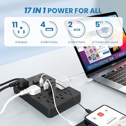 Dual Joule Loom 2-Pack Power Strip Surge Protector with 11 Outlets, 6 Fast USB Ports, 5 Ft Extension Cord, Space-Saving Flat Plug, Wall-Mount Design, Overload Safety for Home & Office Charging Stations – Ultimate Device Compatibility and Speed Enhancement