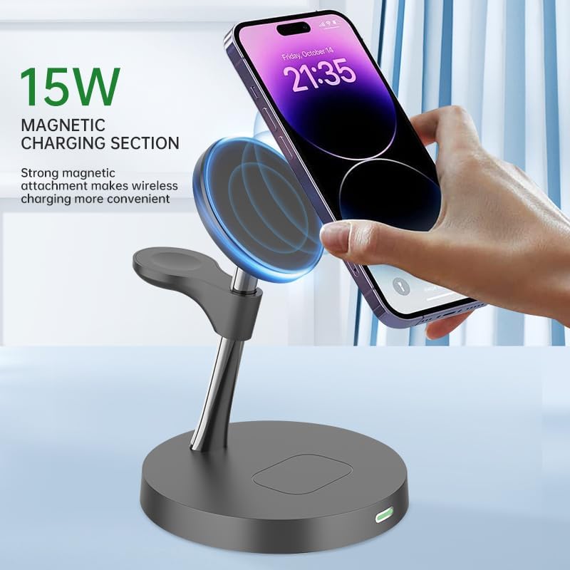 Versatile 3-in-1 Wireless Charging Station for Apple Devices – Fast 15 W Magnetic Charger for i Phone 15/14/13, Apple Watch & Air Pods – Travel-Friendly Dock with Enhanced Compatibility & Safety Features – Sleek White Design for Home or Office Use