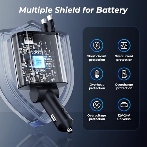 Dual-Port Retractable 4-in-1 Car Charger Set – Fast Charge i Phone and USB-C Devices with 2.6 ft Cords – Essential Gray Adapter for Men and Women – Perfect Travel Companion and Gift for Efficient Charging on the Go