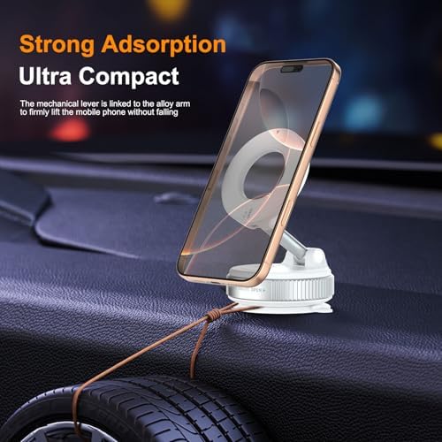 Foluu Magnetic Car Phone Holder – Strong Vacuum Suction Cup Mount 360° Rotation – Compatible with iPhone 16 15 14 13 12 Android – Car Accessories (White) – Enhanced Compatibility and Speed