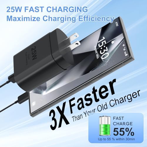 Samsung 25 W Super Fast Charger Type C Kit – Ultimate USB C Wall & Car Charging Solution for Galaxy S25/S24/S23/S22/Plus/Ultra/FE/Note 20/10/A71 with 2 Durable 6.6 ft Cables for Rapid Power Delivery and Versatile Compatibility