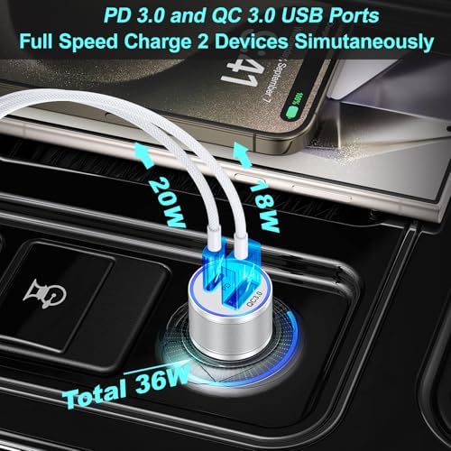 38 W Dual Port Fast Car Charger for i Phone 16 & 15 – Includes 2 Braided 6 ft USB-C Cables & 40 W Wall Adapter – Quick Charge 3.0 Cigarette Lighter Adapter for i Pad, Samsung & Tablets – Ultimate On-the-Go Charging Solution