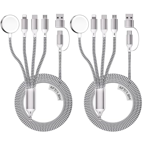 Ultimate 6 FT Multi-Device Charging Cable: Fast Nylon-Braided i Watch and Smartphone Charger Compatible with i Phone, i Pad, Galaxy, and More – Durable, Tangle-Free Solution for Ultra, SE, and All i Watch Models – Streamline Your Charging with Versatile 4-in-2 Connectivity