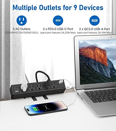 40 W Fast Charging Desk Clamp Power Strip with 4 PD20 W USB Ports and 5 Outlets – 1200 J Surge Protector for Enhanced Device Safety – Perfect for Home Offices, Workshops, and Gaming Stations – Durable Design for Easy Attachment to 1.65” Thick Tabletops