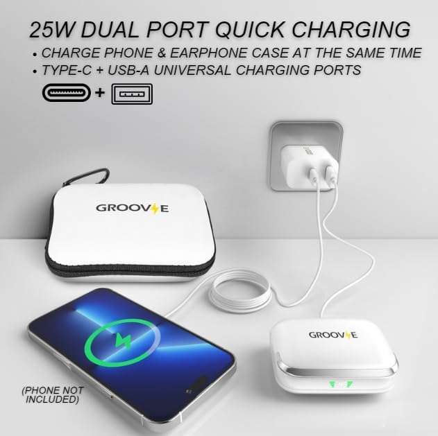 Revolutionize Your Listening Journey with Groove Electronics 4-in-1 Wireless Earbuds – Exceptional 80 Hours of Playtime, State-of-the-Art Bluetooth 5.3 Connectivity, Advanced Active Noise Cancelling for Pure Immersion, IPX7 Waterproof Rating for Ultimate Durability, and Innovative LED Display | Bonus Phone Charging Pad Included for Seamless Power Management
