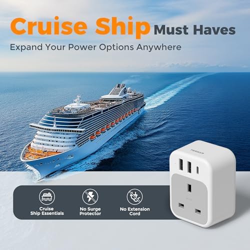 TESSAN Universal Type G UK Travel Adapter with 3 USB Ports & USB-C Charger – Effortless US to UK Plug Conversion for Global Travelers to England, Ireland, Qatar, Hong Kong, Dubai, and More – Compact Power Solution for Fast and Safe Device Charging