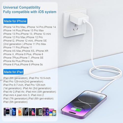 Enhanced Charging Trio: MFi Certified Fast Charger Pack for i Phone – 3 Quick Charging Blocks & 10 ft USB-C to Lightning Cable for Models 14, 13, 12, 11, X – Unmatched Speed and Versatility for Seamless Power Solutions