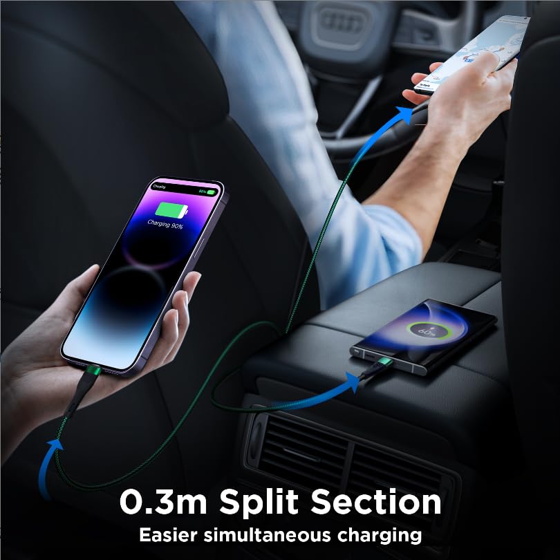 M.A.D LAB 3-in-1 USB C Charging Cable – Ultimate 100 W Fast Charge Solution with E-Marker Chip for Lightning, Micro USB & USB C Devices, Durable 1.3 m Nylon Braided Design for Enhanced Longevity and 480 Mbps Data Transfer Speeds