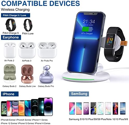 Ultimate 3-in-1 Wireless Charging Hub: Fast Universal Charger for Fitbit Charge 6/5 & Luxe, i Phone 14/12 Pro Max/13/11/8, Samsung Galaxy S22+, and Air Pods Pro/3 – Sleek Black Design for a Tidy Space and Rapid Power Solutions