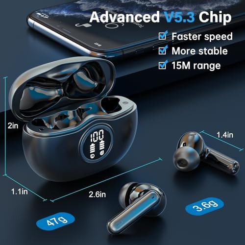 A10 Pro Wireless Earbuds – Advanced Bluetooth 5.3 Hi-Fi Stereo Headphones with 50 Hours Playtime, ENC Noise Cancellation for Superior Clarity, IPX7 Waterproof for Active Users, LED Battery Monitor – Ideal for Gym, Running, and Everyday Connectivity – Sleek Black Design