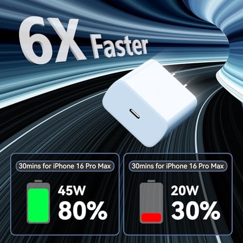Elevate Your Charging Experience with the 45 W Super Fast USB-C Charger and 6.6 FT Cable – Optimal for i Phone 16 Pro Max, i Pad, and Android Devices – Compact, High-Efficiency Power Adapter with Advanced Safety Features for On-the-Go Users