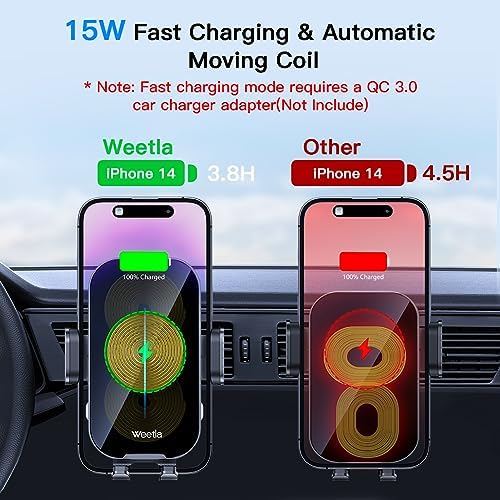Revolutionize Your Drive with the 4 Weetla Wireless Car Charger – Effortless Auto-Alignment & 360° Adjustable Air Vent Mount for i Phone 15/14/13/12/11/Pro Max and Android Devices – Ultimate Fast Charging Convenience in Sleek Gray Design