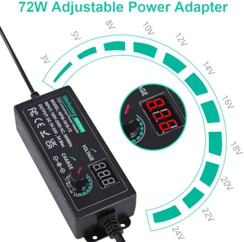 Universal Adjustable AC/DC Power Supply Adapter – 3 V to 24 V Voltage Converter with 14 Interchangeable Tips, Polarity Switch & Test Lead – 72 W High-Efficiency Solution for Diverse Electronic Devices and Rapid Charging Needs