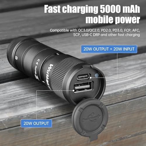 Wurkkos H1 Ultra-Fast Charging 5000 m Ah Portable Power Bank with Clip & Flashlight – Versatile USB-C Battery Charger Compatible with 18650/21700 Cells for Ultimate Convenience on the Go