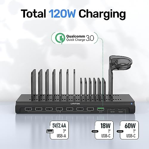 Unitek Quick Charge 3.0 Multi USB Charging Station – 10-Port Fast Charger for i Phone, i Pad, Tablets, and Kindles – UL Certified Safety with Sleek Black Design for Home and Office Use – Enhance Device Lifespan and Efficiency