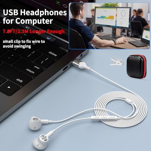 Ultra-Comfort USB Earbuds with Microphone for PC – 7.5 FT Wired Headset for Laptops, Perfect for Zoom Meetings and Virtual Learning – Magnetic Stereo Earphones Compatible with Dell, HP, and Think Pad – Crisp Audio Clarity, Lightweight Design for All-Day Use – Quick Volume Control for Effortless Communication – Tangle-Free Solution for Neat Workspaces – Boost Your Productivity with Enhanced Sound Experience
