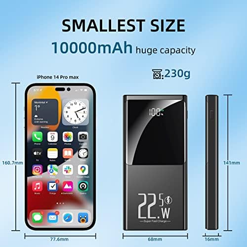 Ultra-Slim 10000 m Ah Portable Charger with 22.5 W Fast Charging – Compact Power Bank for i Phone 12-16, Samsung, Google & Android Devices – LCD Display & Dual USB-C Ports for Effortless Charging on the Go