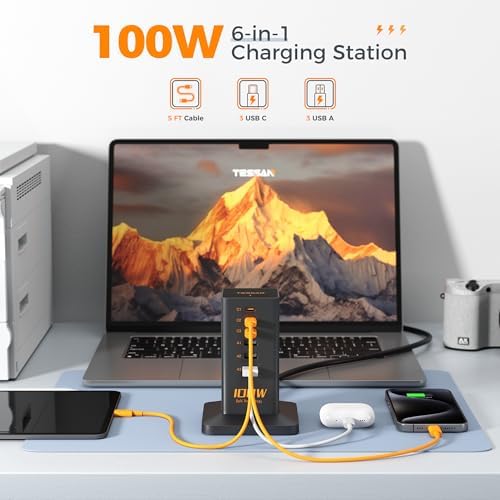 TESSAN 30 W 9-in-1 Multi-Device Charging Station with Surge Protection – Ultimate Charger Block for i Phone 16/15/14/13, Tablets, and Earphones – 5 ft Flat Extension Cord with 4 USB A & 2 USB C Ports – Compact Design for Home, Office, or Dorm – Enhanced Safety and Efficiency