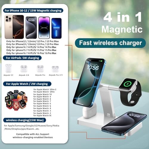PDKUAI 4-in-1 Magnetic Charging Station – Fast Wireless Charger Stand for i Phone 16/15/14/13/12 Pro/Max/Mini/Plus, Apple Watch 10/9/8/7/6/SE/5/Ultra & Air Pods Pro/4/3 – Enhanced Compatibility with Dedicated Adapter – Sleek White Design for Home & Office