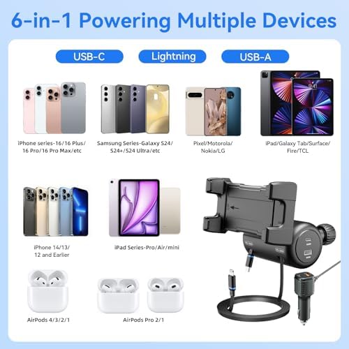 OHLPRO 6-in-1 Backseat Car Charging Hub with Retractable Phone Holder – Fast 40 W PD/QC Dual USB Adapter for All Smartphones – Ideal for Rideshare, Uber, and Taxi Passengers – Compact, Clutter-Free Design with Secure Headrest Mounting for Ultimate Convenience and Connectivity