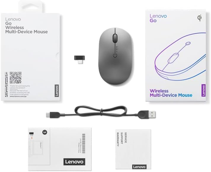 Lenovo Go Multi-Device Wireless Mouse – Versatile Dual Connectivity Bluetooth Optical Mouse with USB-C Rechargeable Battery, Adjustable DPI, Qi Charging, and Ambidextrous Design in Sleek Grey – Perfect for Multitaskers and Professionals