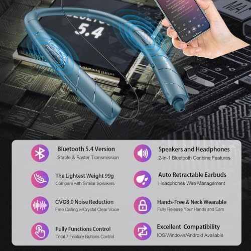 Revolutionize Your Sound with the 2-in-1 Neckband Bluetooth Headphones & Portable Speaker – Ultra-Lightweight 99 g Design, Retractable Earbuds for Simple Storage, Built-in Mic for Effortless Hands-Free Calling – Ideal for Home, Office, and Outdoor Adventures – Superior Sound Quality & Universal Device Compatibility