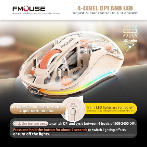 Sleek Dual Connectivity Transparent Wireless Mouse – Rechargeable RGB with USB-C Receiver for Mac Book & Laptops, Compact Design with Cool LED Lights, Silent Operation, and Magnetic Cover for Enhanced Portability – Orange