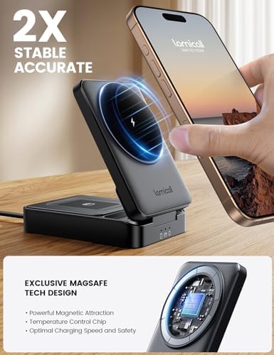 Lamicall 3-in-1 Wireless Charging Station for Mag Safe – Portable Fast Charging Hub for i Phone 16, 15, 14, 13, Apple Watch & Air Pods – Foldable Design for Travel Convenience & Enhanced Device Compatibility