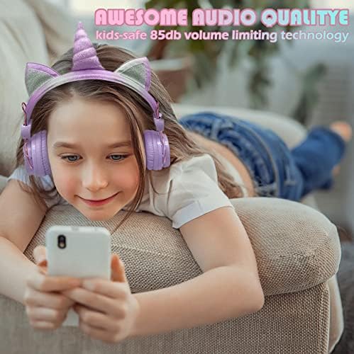 Light Purple Unicorn Cat Ear Bluetooth Headphones for Kids – Safe Listening with Volume Limiting, FM Radio & Dual Connectivity for Fun Learning and Entertainment – Ideal for School, Laptops, and Smartphones