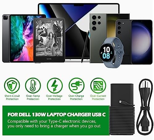 130 W USB-C Laptop Charger for Dell XPS & Precision Models – Fast Charging AC Adapter with Enhanced Compatibility for Latitude Series – Reliable Power Supply for 2-in-1 Devices and More – CE/FCC/ROHS Certified with 30-Day Satisfaction Guarantee and 12-Month Warranty – Ideal for XPS 15 9575, XPS 17 9700, Precision 5530, Latitude 5430, and Additional Dell Models – Versatile 100-240 V Input for Global Use – Upgrade Your Power Experience with Efficient Charging Performance and Safety Features