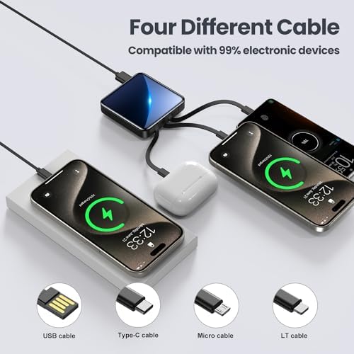 Ultra-Compact 12000 m Ah Fast Charging Power Bank with Built-in Cables – All-in-One Portable Charger for i Phone, Tablets & Samsung Devices, Featuring USB C Input/Output and LED Battery Display for Maximum Efficiency and On-the-Go Convenience