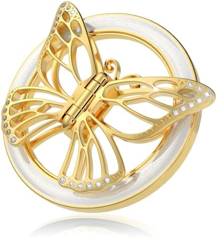 Transform Your Mobile Experience with the Chic Magnetic Phone Grip for Mag Safe – Stylish Butterfly Design in Rose Gold and White, Featuring Versatile Kickstand and Universal Adapter Ring for Enhanced Functionality and Secure Hold