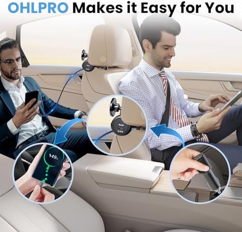 Revolutionize Your Travel Charging with the OHLPRO 6-in-1 Backseat Retractable Car Charger Station – Fast Dual USB Ports with 20 W PD & QC Adaptability, Magnetic Headrest Mount for Ultimate Convenience, Ideal for Rideshare Drivers and Passengers, Compatible with All Devices