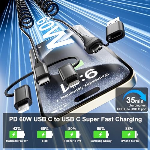 Versatile Coiled USB to USB-C & Lightning Cable Combo for i Phone and Android – MFi Certified Fast Charge & Data Sync up to 3 A – Tangle-Free Design for Apple Car Play & Android Auto Compatibility – Durable, High-Quality Charging Solution for Seamless Connectivity on the Go