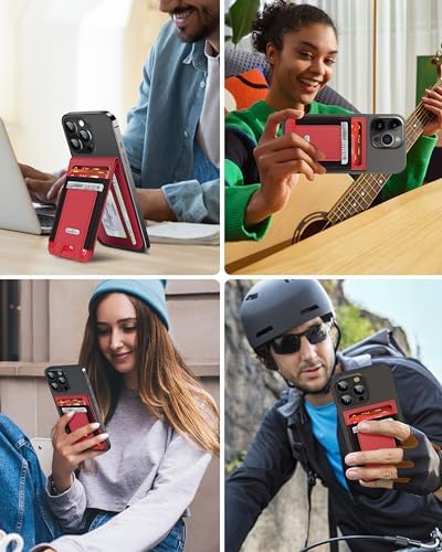 Magsafe Wallet Stand for iPhone 16/15/14/13/12 Series, Adjustable Stand with ID Window, 4 Card Slots, 10 Card Holder, Vegan Leather RFID Blocking Wallet, Red – Enhanced Compatibility and Speed