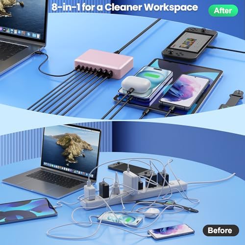 Revolutionary 300 W Ga N IV Technology USB-C Charging Hub – 8-Port Multi-Device Charger for Mac Book Pro/Air, DELL Laptops, i Phone 16/15/14 & Galaxy S25 – Sleek Navy Finish for Enhanced Home & Office Efficiency – Your Premier Solution for Rapid Device Power and Seamless Connectivity